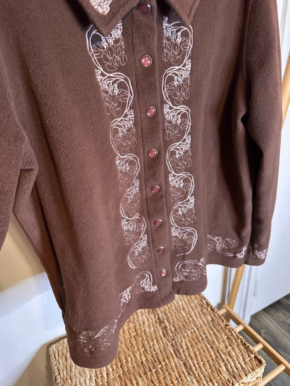 Denim&Co Brown Embroidered Button-Front Cardigan - Picture 6 of 11